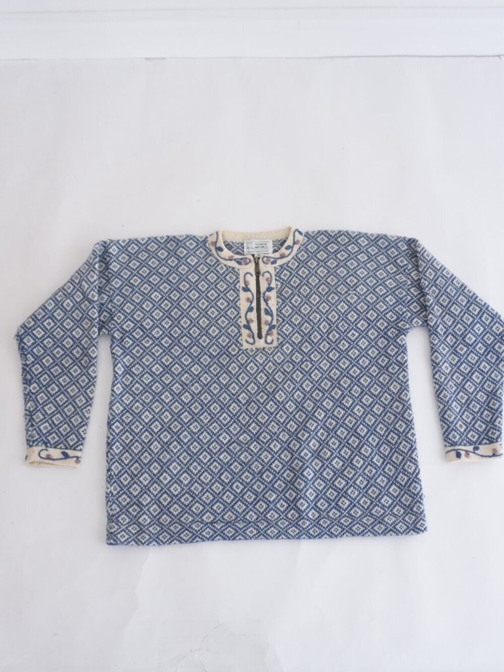 Vintage Alpaca Imports Blue Diamond Floral Nordic Quarter Zip Alpaca Sweater XL